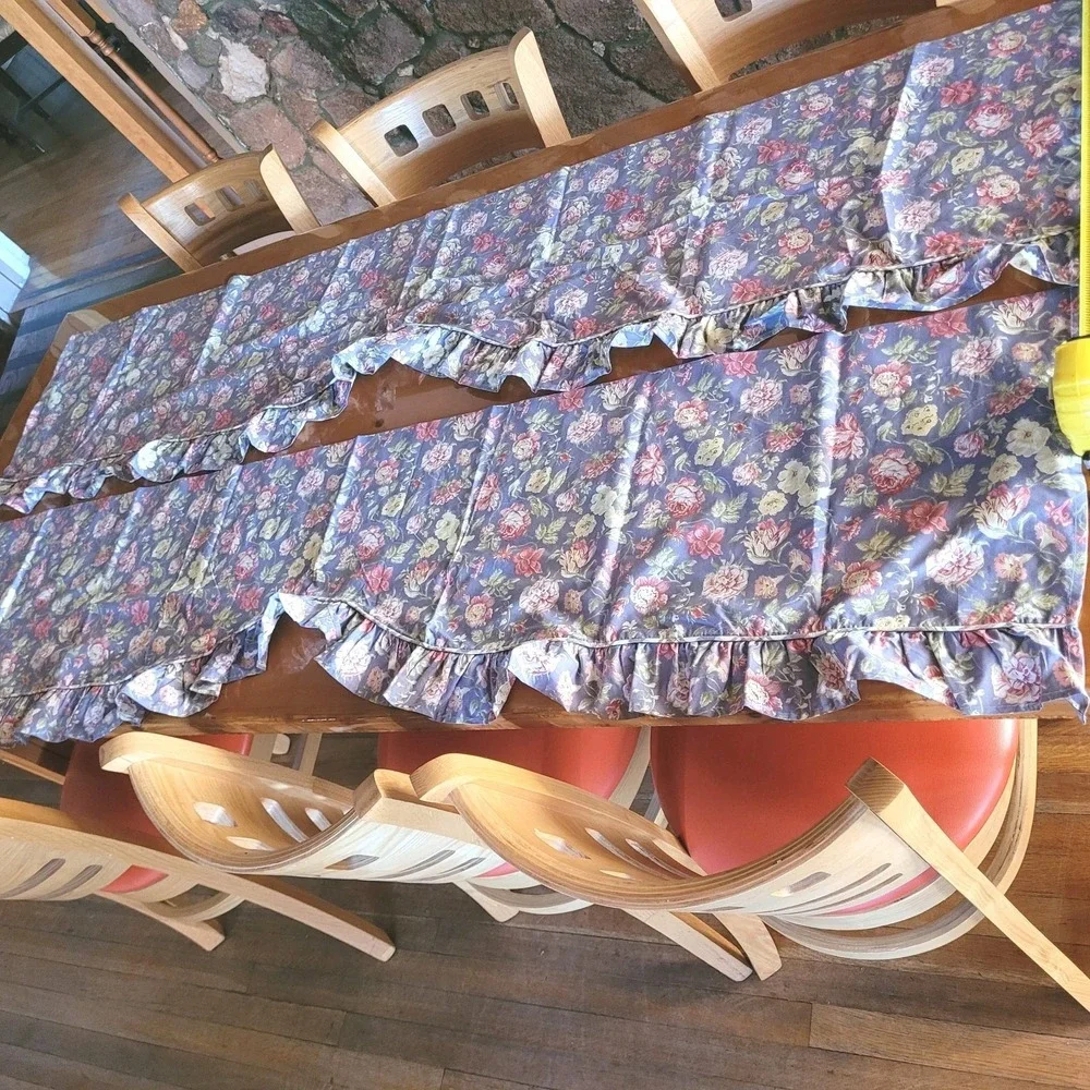 Vtg Waverly Garden Window Valance Floral Blue Rose Ruffled 2 Panels 17x73 Ea